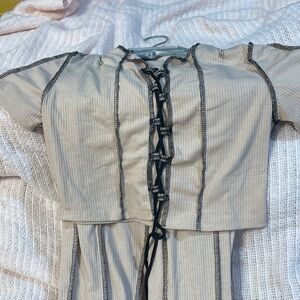 Elegant Beige and Black Lace-Up Women's Top